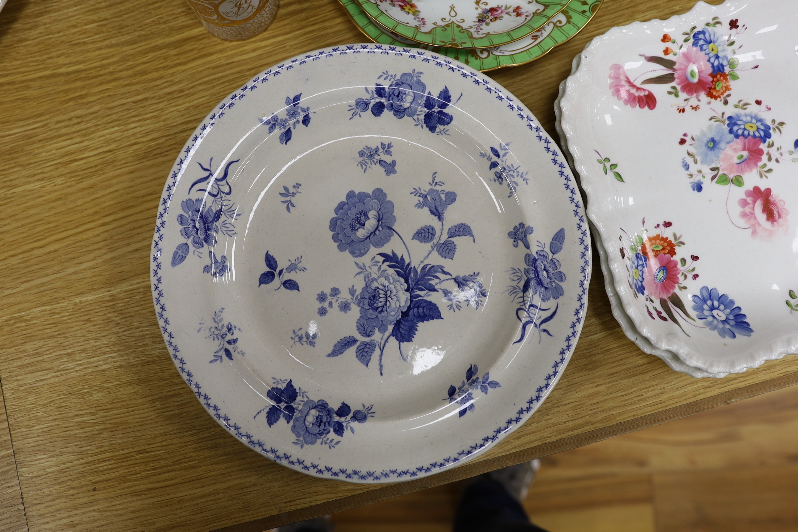 A Worcester Canonball-pattern blue and white saucer, and other 18th and 19th century tableware